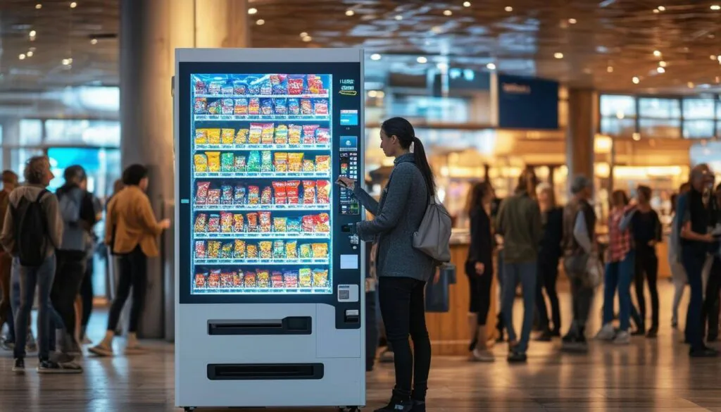 The image depicts a sleek, modern selfservice vending machines situated in a bustling urban environment-1